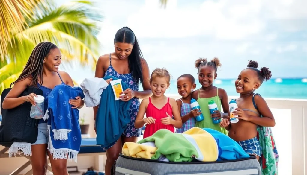 Family preparing for a day at De Palm Island Aruba with beach essentials