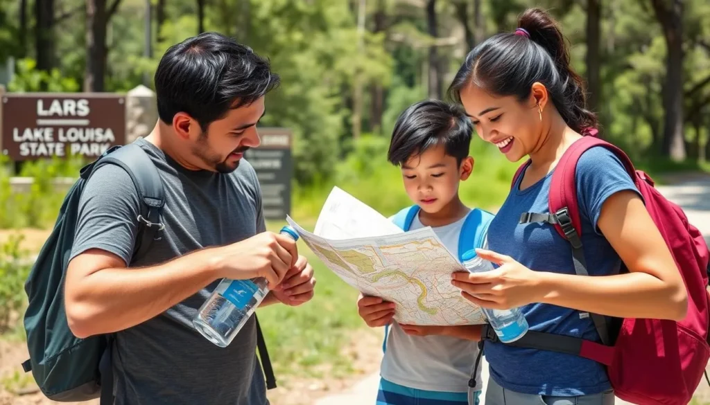 Family preparing for a day at Lake Louisa State Park with backpacks and water bottles Family preparing for a day at Lake Louisa State Park with backpacks and water bottles