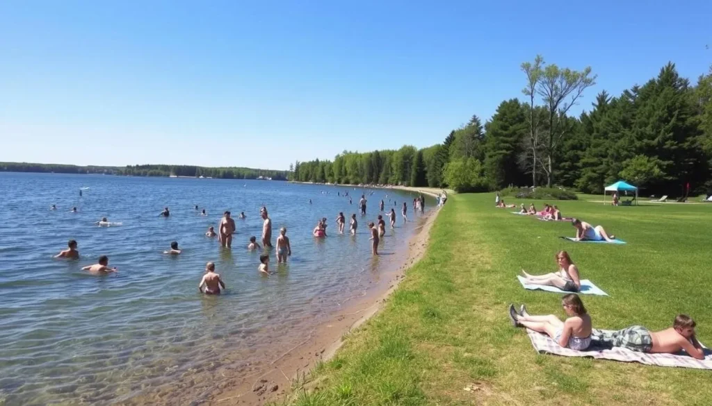Family swimming at South Beach in Bon Echo Provincial Park