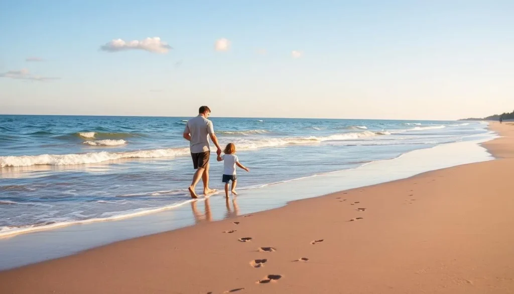 Family walking along the shoreline at Presque Isle State Park with Lake Erie waves gently lapping at the sand