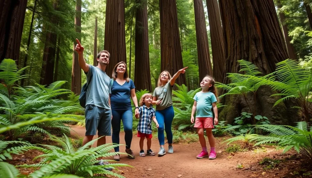 Family with children exploring the Discovery Trail in Armstrong Redwoods State Natural Reserve
