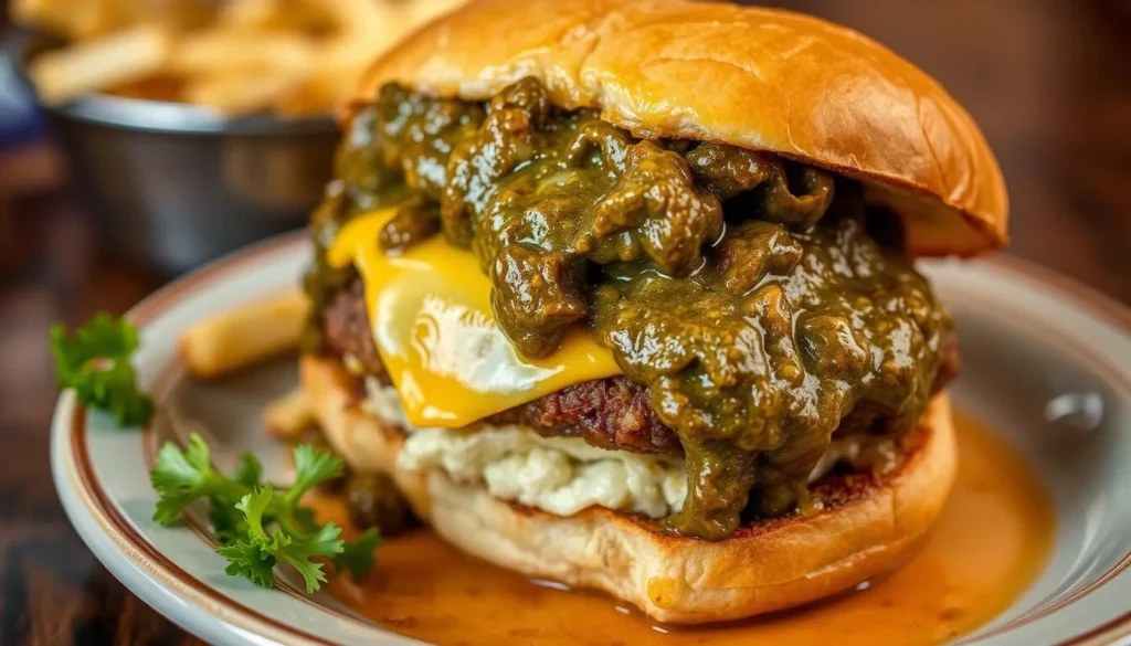 Famous Pueblo Slopper burger topped with green chile Famous Pueblo Slopper burger topped with green chile