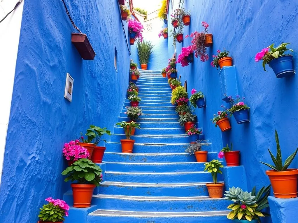 Famous blue staircase with colorful flowerpots in Chefchaouen Morocco