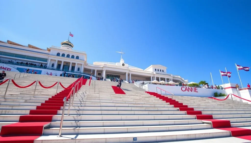 Famous red carpet steps at Palais des Festivals in Cannes during sunny day Famous red carpet steps at Palais des Festivals in Cannes during sunny day