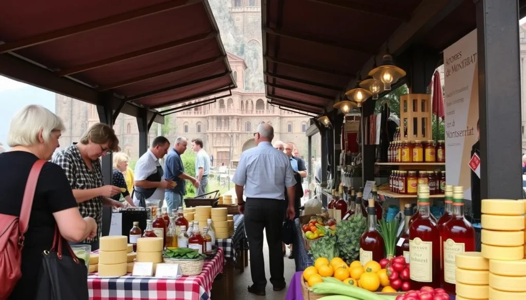 Farmer's market at Montserrat with local vendors selling regional products including cheeses, honey, and liqueurs