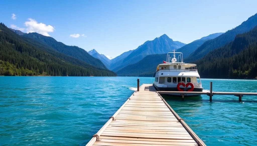 Ferry approaching Caleta Gonzalo pier in Pumalin Park Chile with forested mountains in background