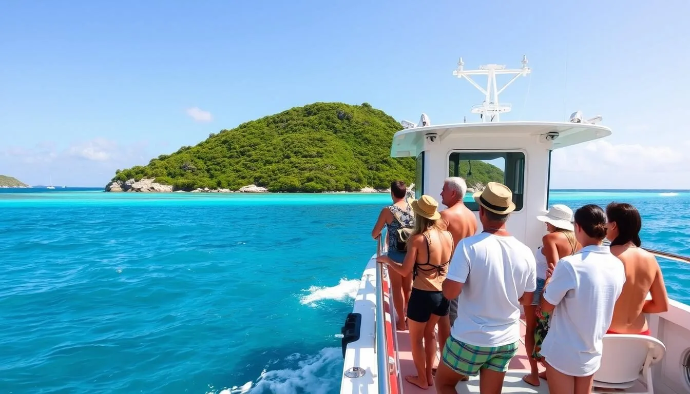 Ferry approaching Cooper Island with passengers on deck and the island's green hills visible in the background