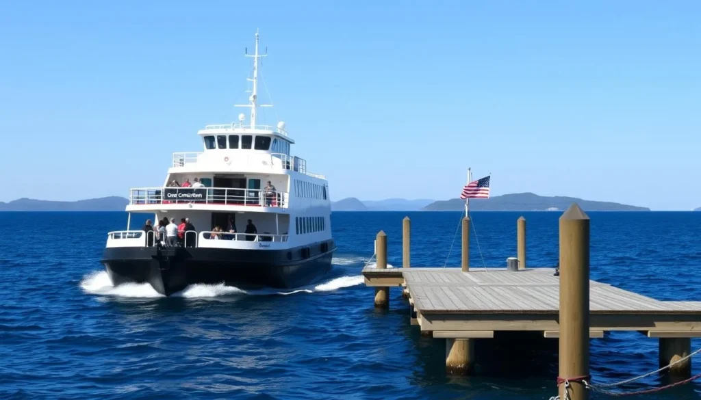 Ferry approaching Great Cranberry Island dock with passengers and Mount Desert Island in the background Ferry approaching Great Cranberry Island dock with passengers and Mount Desert Island in the background