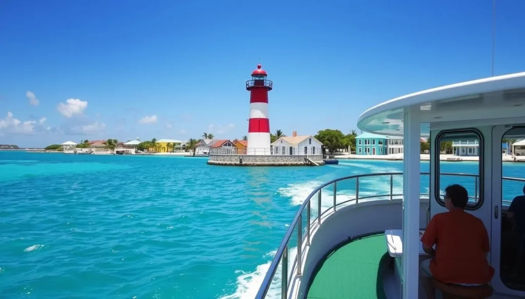 Ferry approaching Hope Town harbor on Elbow Cay, Bahamas with the lighthouse visible in the background