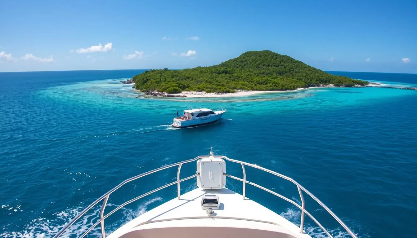 Ferry approaching Isla de Caja de Muertos with turquoise waters and the island's coastline visible