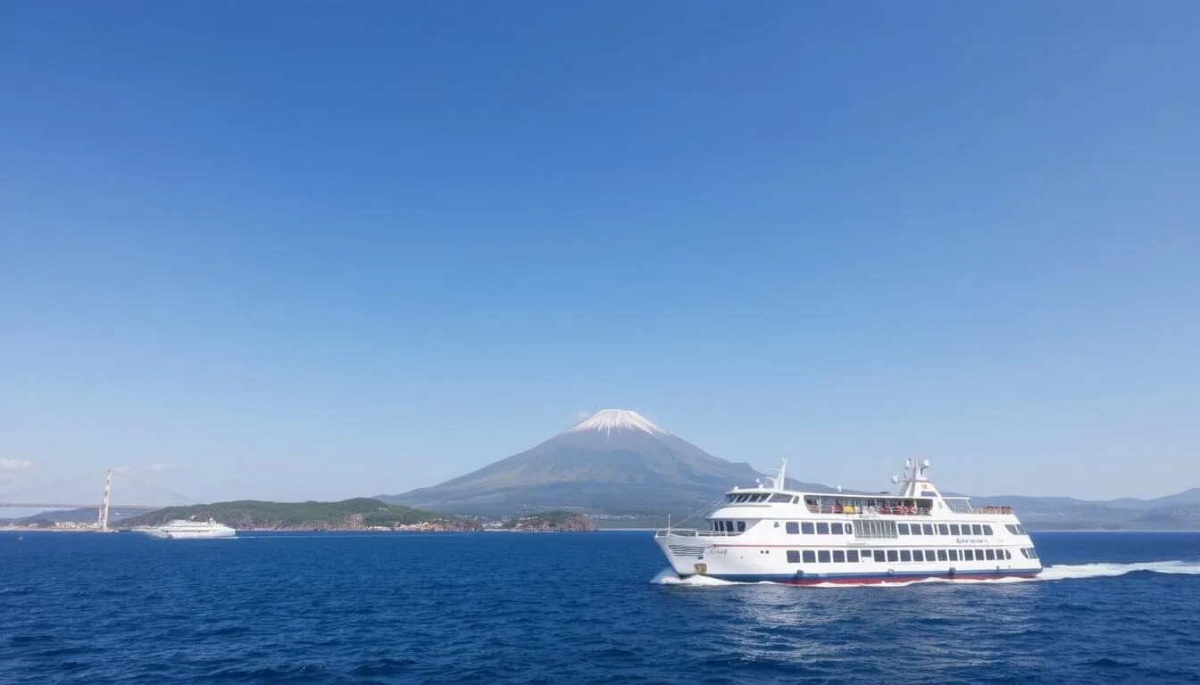 Ferry approaching Izu Oshima Island with Mount Mihara visible in the background