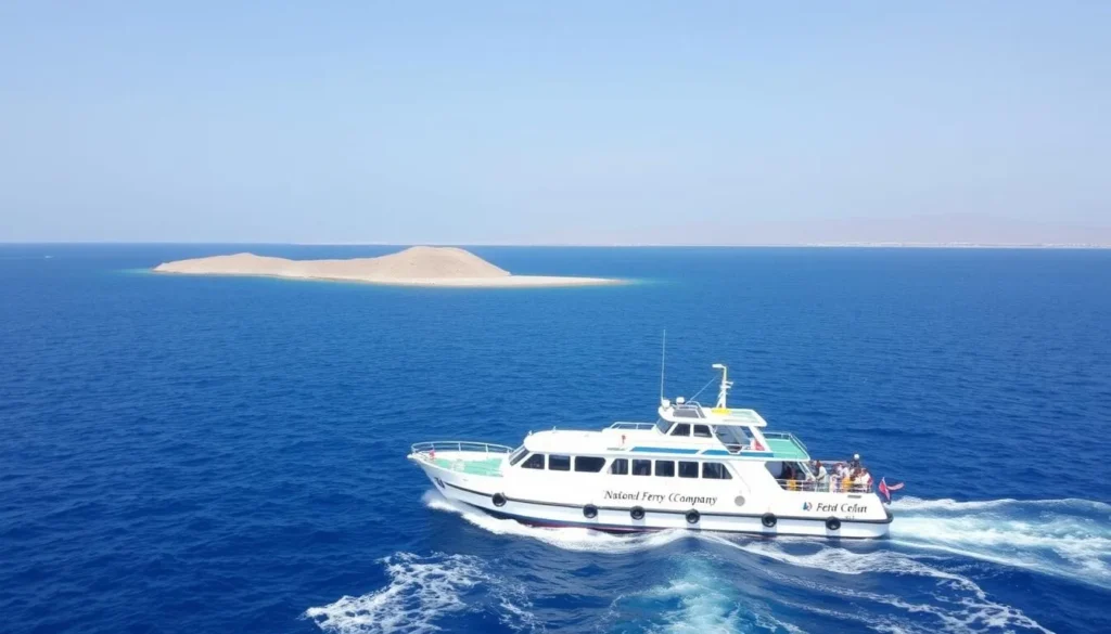 Ferry approaching Masirah Island with vehicles and passengers