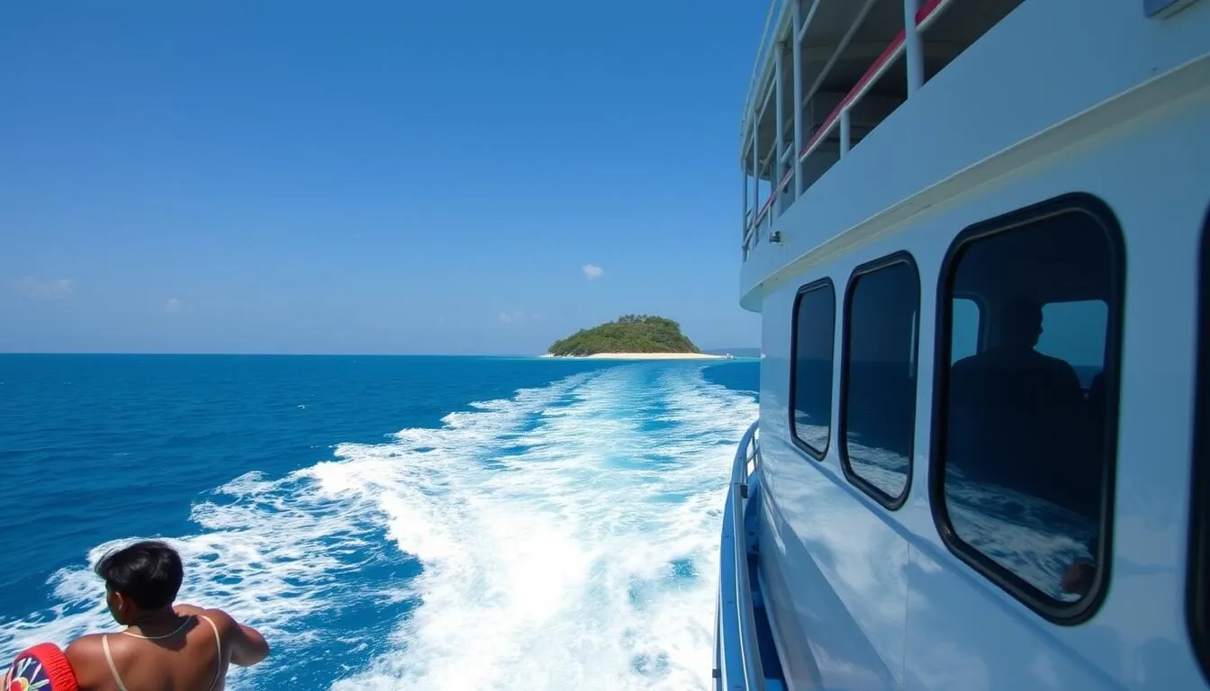 Ferry approaching Nagadeepa Island with passengers on deck and the island visible in the background