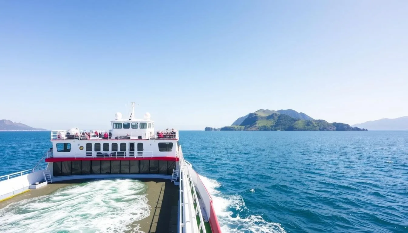 Ferry-approaching-Stewart-Island-across-Foveaux-Strait-with-blue-waters-and-green-island-in Ferry approaching Stewart Island across Foveaux Strait with blue waters and green island in background