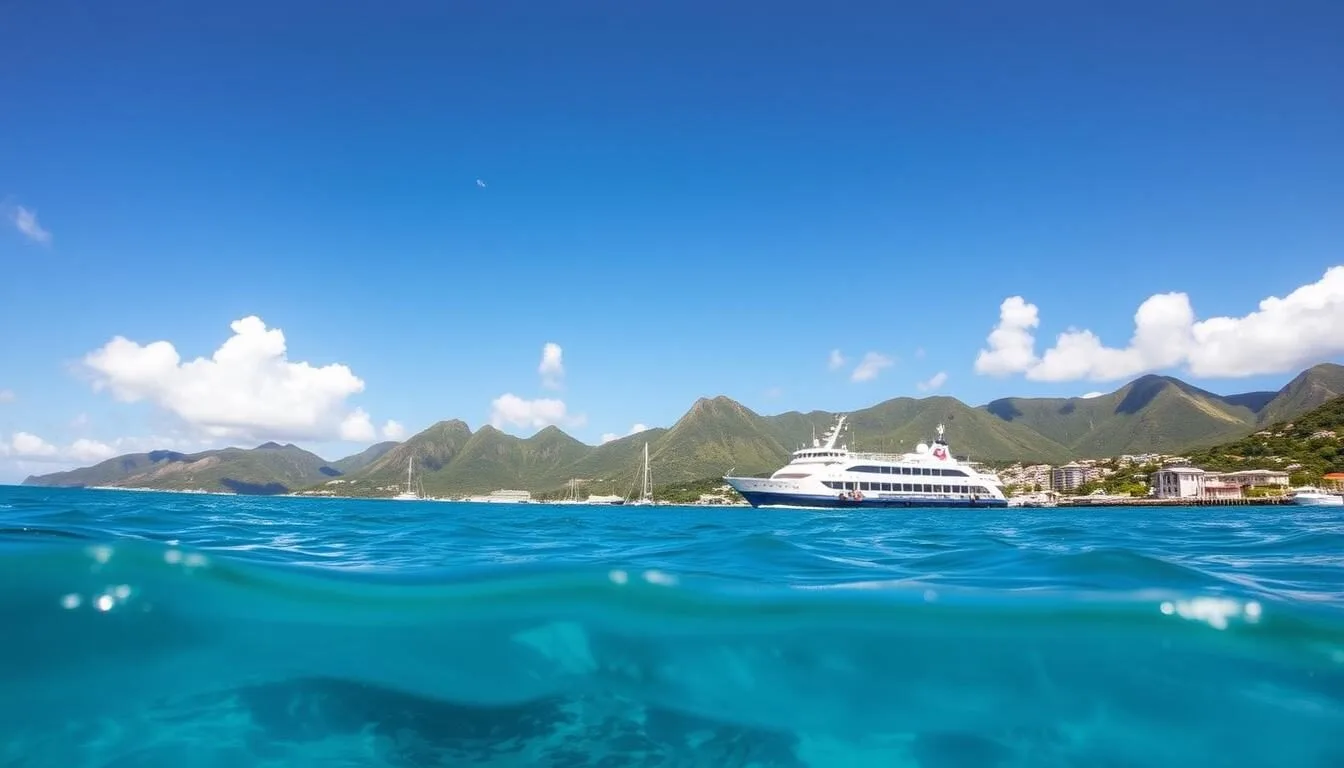 Ferry-approaching-Tortola-in-the-British-Virgin-Islands-with-mountains-in-the-background Ferry approaching Tortola in the British Virgin Islands with mountains in the background