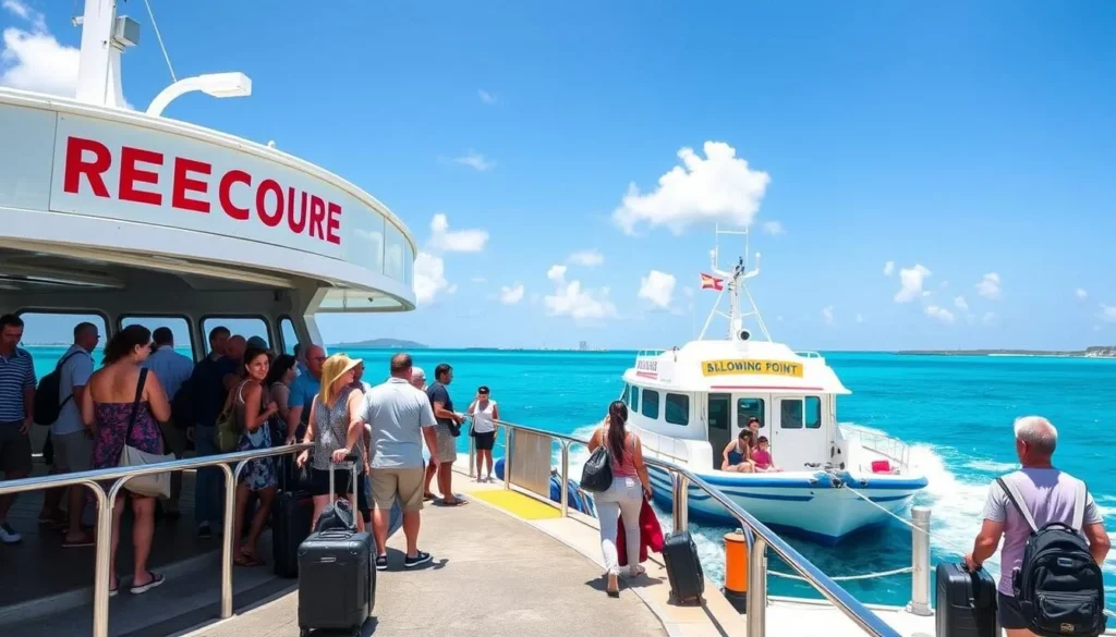Ferry arriving at Anguilla with passengers preparing to disembark