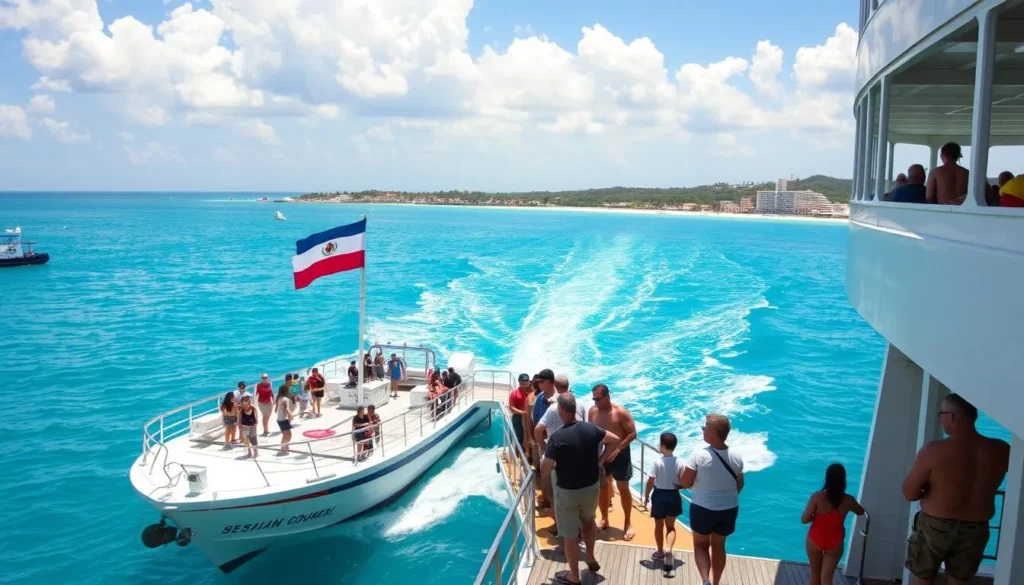 Ferry arriving at Cozumel island with passengers preparing to disembark with the coastline visible in the background Ferry arriving at Cozumel island with passengers preparing to disembark with the coastline visible in the background