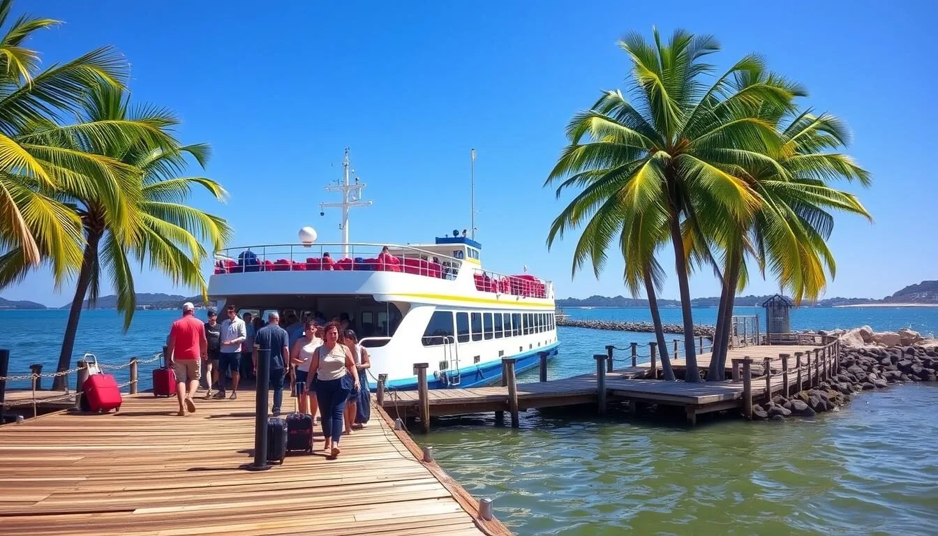 Ferry arriving at Morro de Sao Paulo dock with passengers disembarking