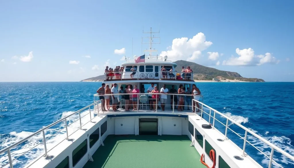 Ferry boat approaching Barbuda Island with passengers on deck