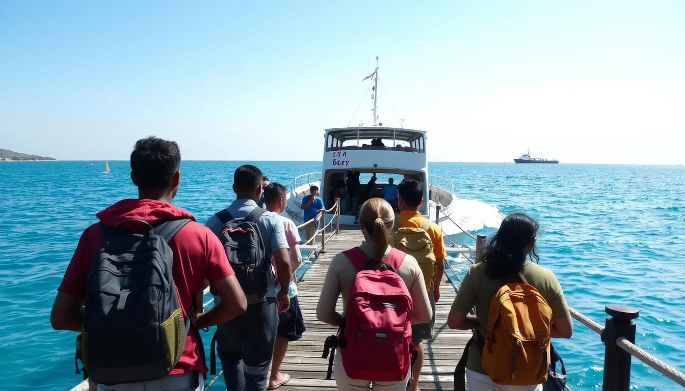 Ferry boat approaching Delft Island jetty with passengers waiting to board