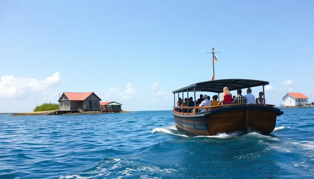 Ferry boat approaching Granma Island with passengers ready to disembark at the small wooden dock