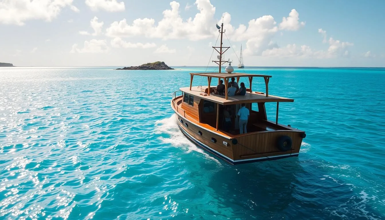 Ferry boat approaching Scilly Cay from Island Harbour, Anguilla