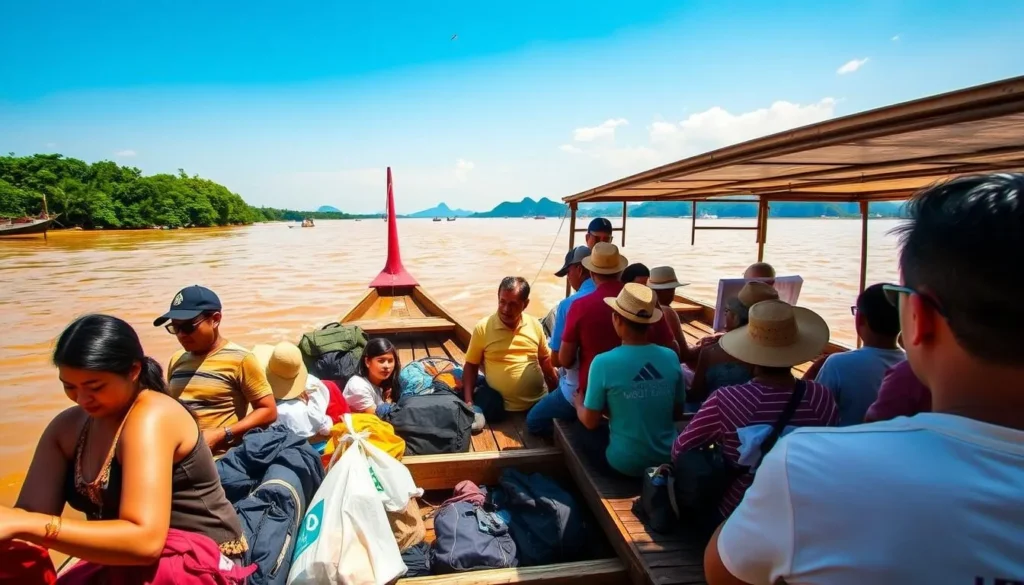 Ferry boat transporting tourists and locals between mainland and islands in Si Phan Don, Laos