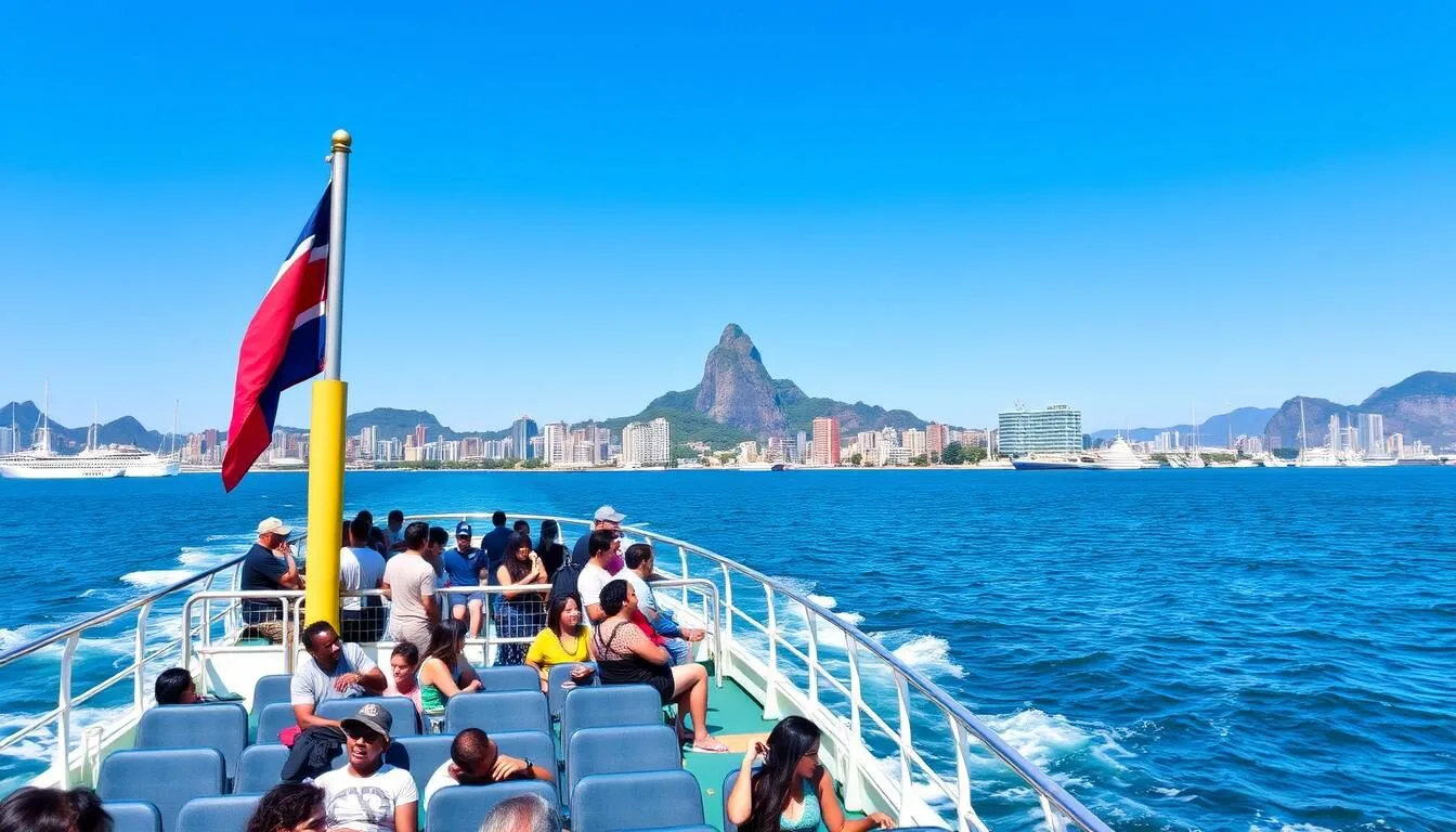 Ferry-crossing-Guanabara-Bay-from-Rio-de-Janeiro-to-Niteroi-with-views-of-the-Rio-skyline Ferry crossing Guanabara Bay from Rio de Janeiro to Niteroi with views of the Rio skyline
