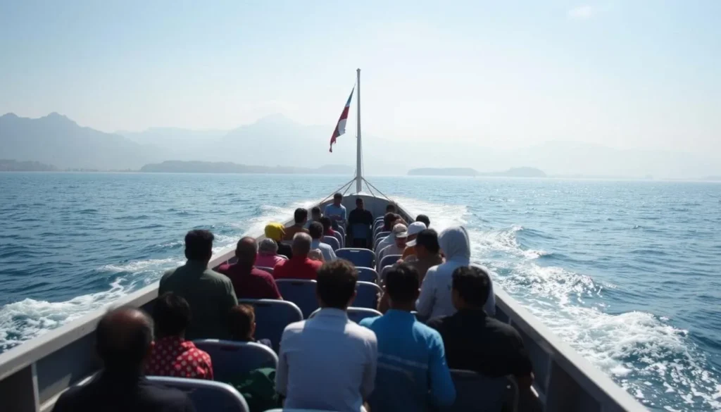 Ferry crossing Lake Toba with passengers heading to Samosir Island with mountains in background