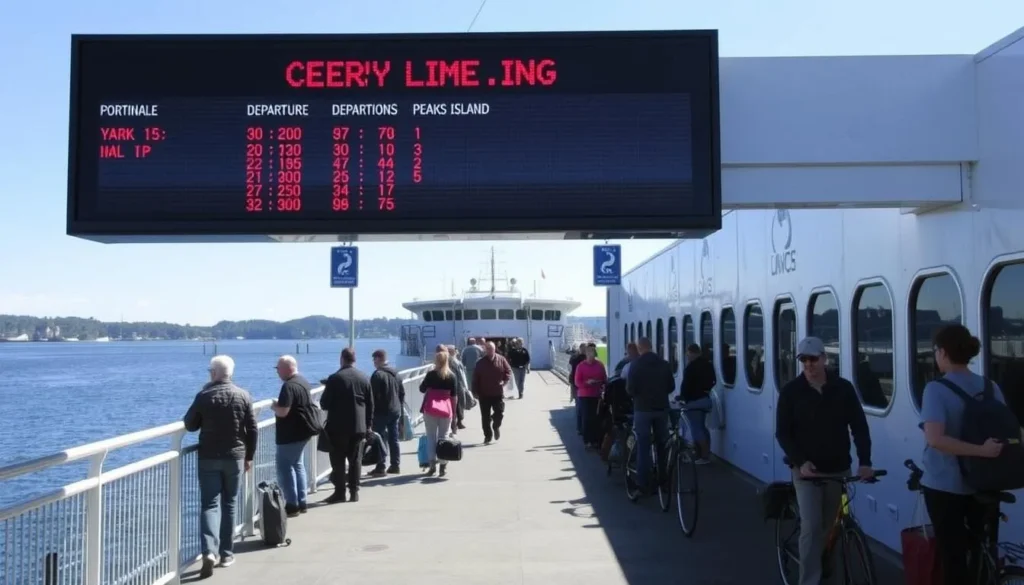 Ferry schedule board at Casco Bay Lines terminal with passengers waiting Ferry schedule board at Casco Bay Lines terminal with passengers waiting