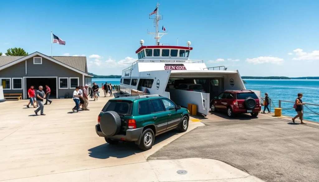 Ferry terminal at Lincolnville Beach with passengers and vehicles preparing to board for Islesboro
