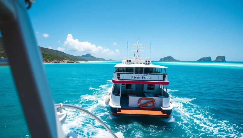 Ferry traveling between islands in the British Virgin Islands on a clear day Ferry traveling between islands in the British Virgin Islands on a clear day