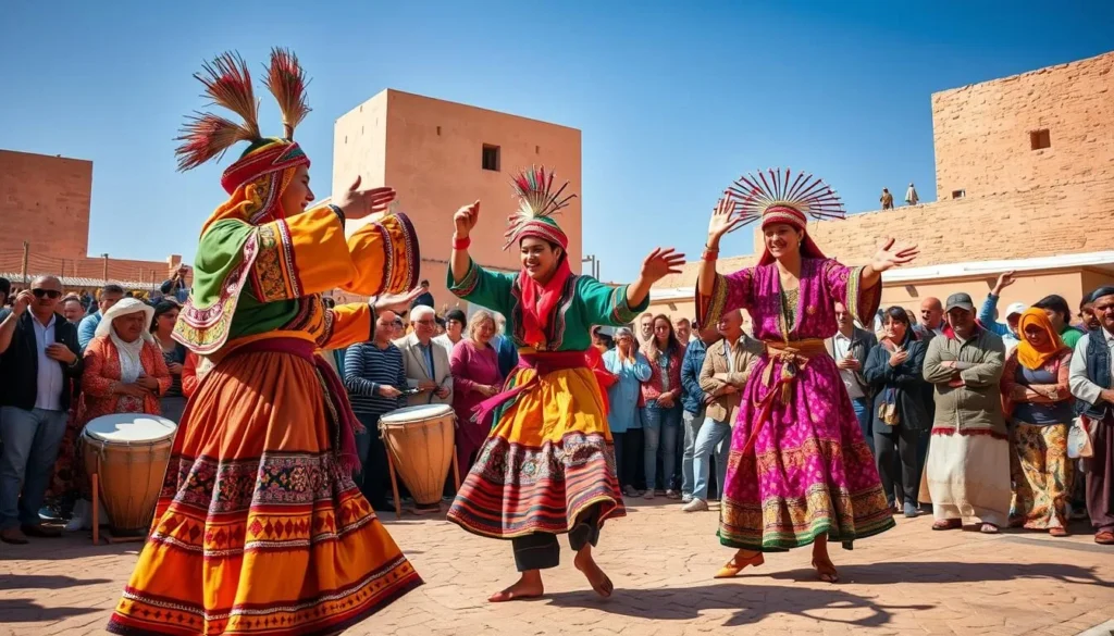 Festival Ahwach dancers performing traditional Berber dance in colorful costumes in Tiznit