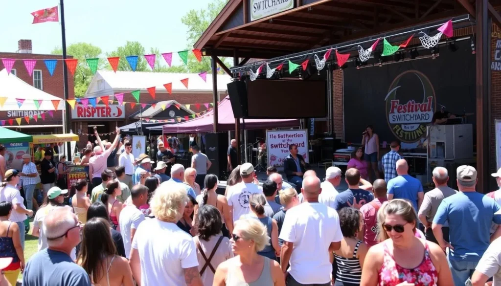 Festival at the Switchyard in Carrollton with live music and crowds enjoying the event
