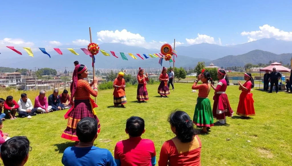 Festival celebration on Tundikhel grassland in Bandipur with traditional dancers