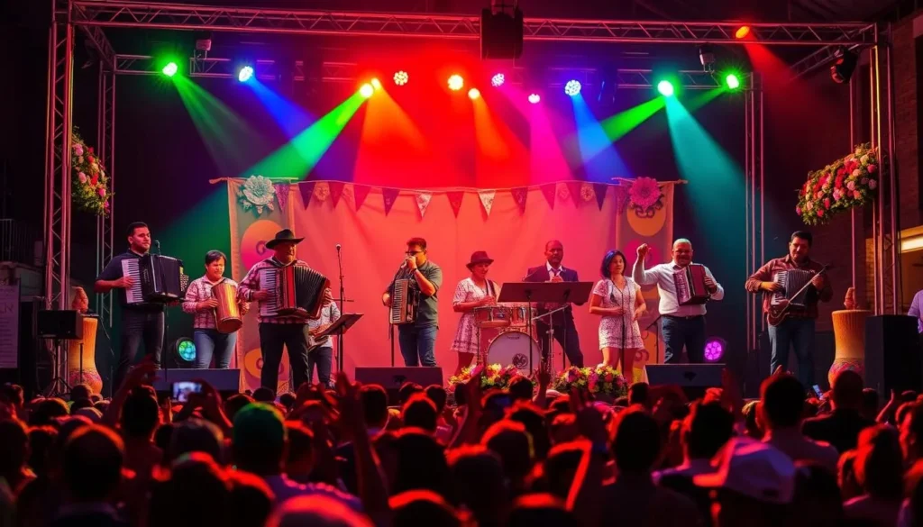 Festival de la Leyenda Vallenata with musicians playing accordions and traditional instruments on stage with colorful decorations