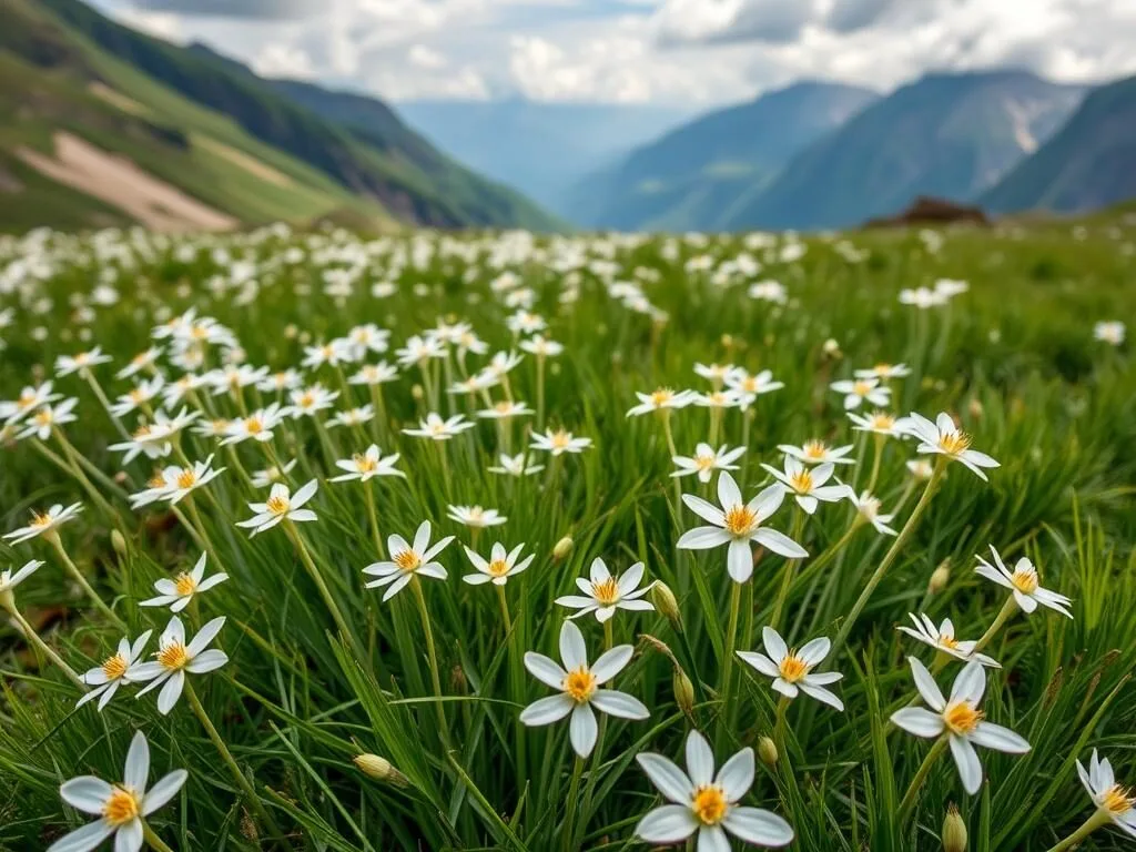 Field of wild edelweiss flowers near Lake Ranu Kumbolo with mountains in background