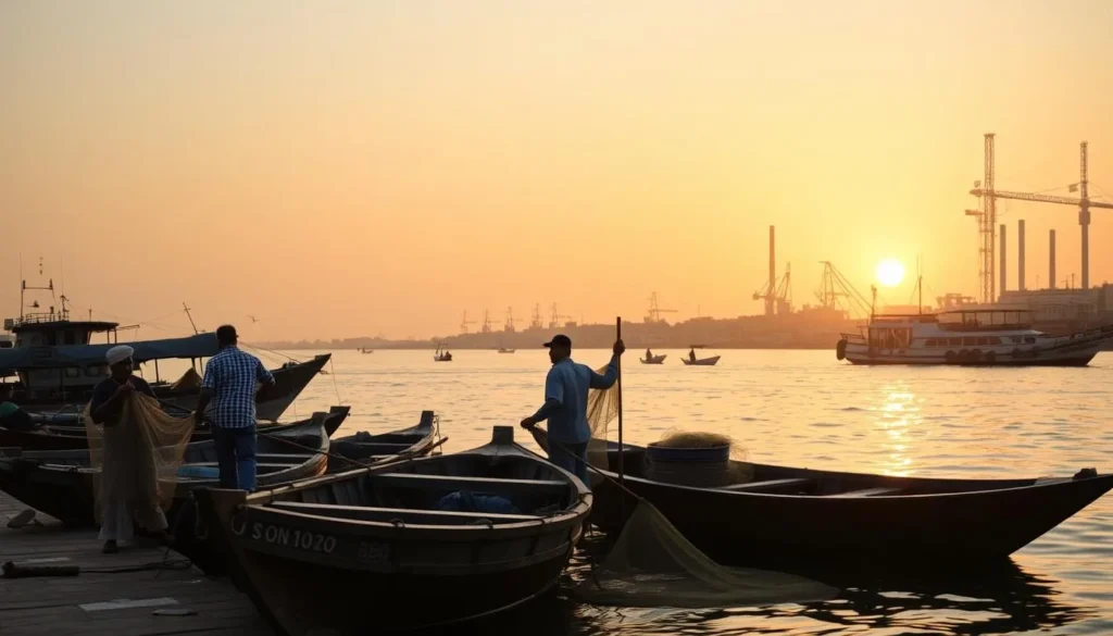 Fishermen with traditional boats at Sitra's waterfront during golden hour with industrial facilities in the background