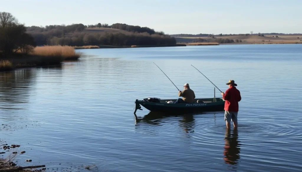 Fishing at Lake Lavon near Princeton, Texas with scenic shoreline views Fishing at Lake Lavon near Princeton, Texas with scenic shoreline views