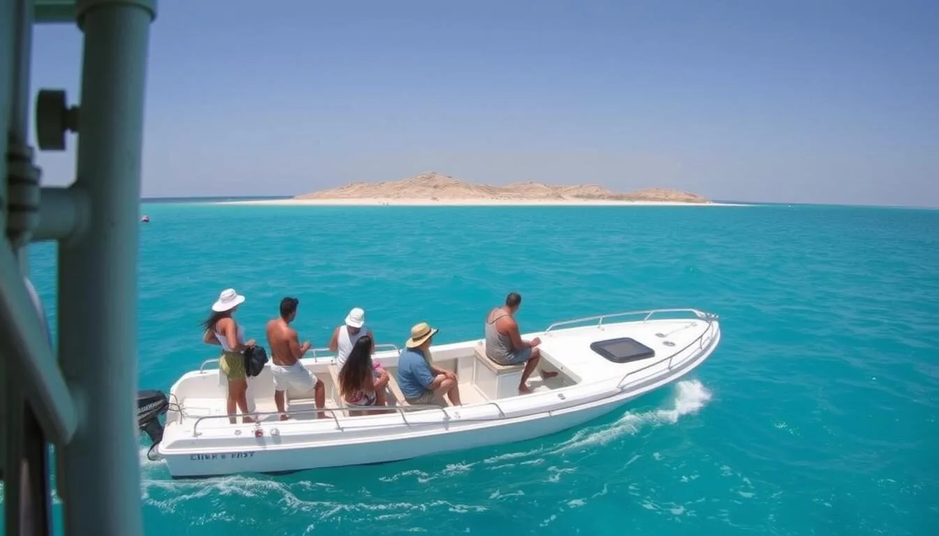 Fishing boat approaching Isla Tiburon with tourists