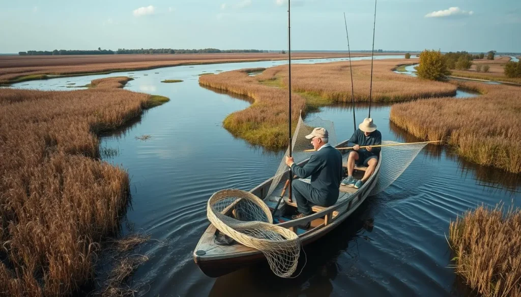 Fishing boat in the Volga Delta with fishermen