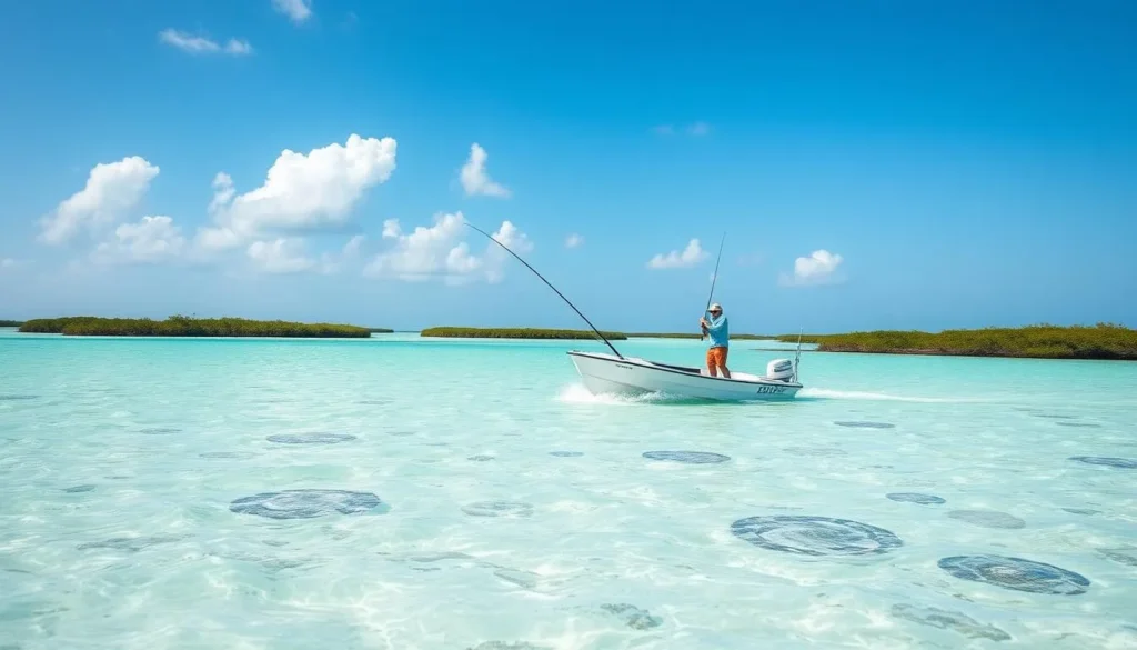Fishing boat in the flats around Big Torch Key, Florida with angler casting