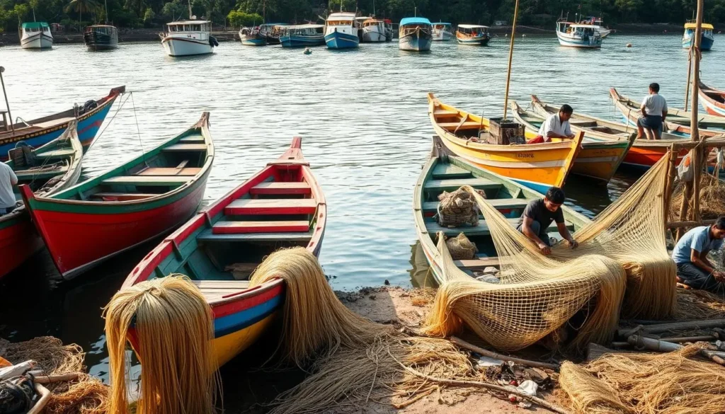 Fishing boats at Karaitivu harbor with local fishermen preparing their nets