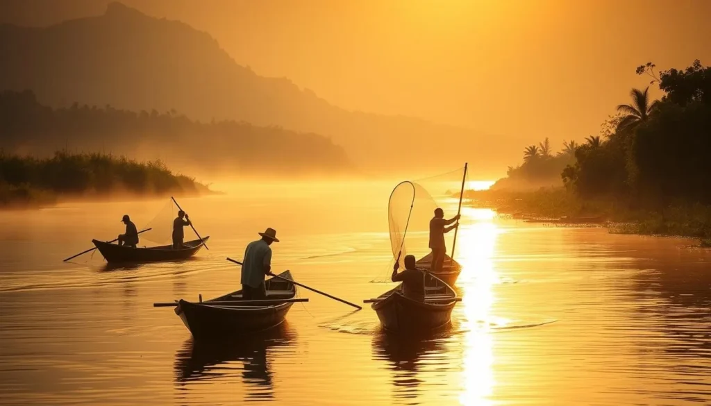 Fishing boats on the Kapuas River with fishermen casting nets at sunrise