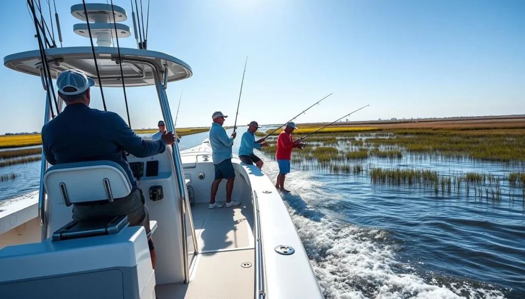 Fishing charter boat departing from Murrells Inlet with anglers