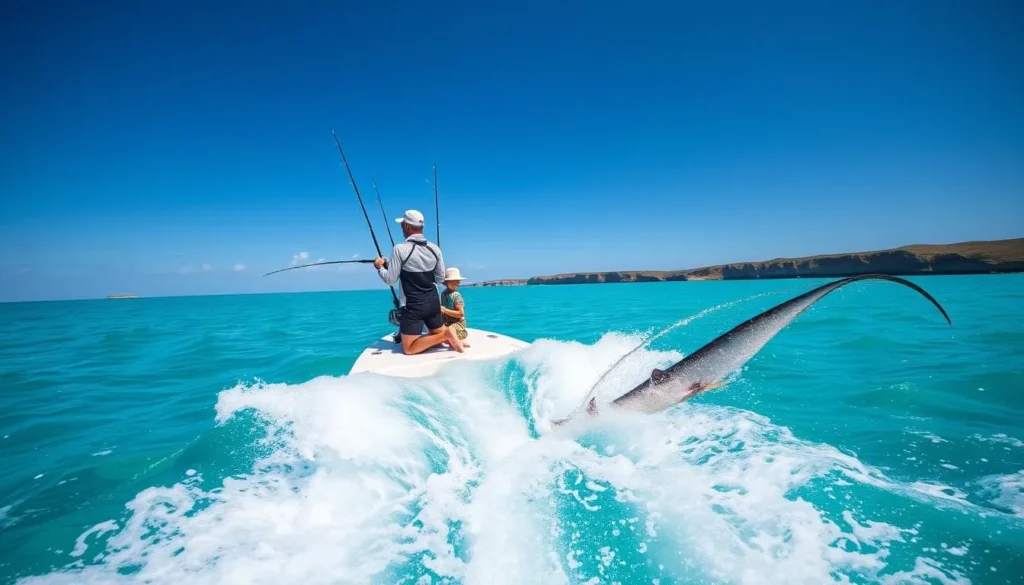 Fishing charter boat in the waters near Nhulunbuy with people catching tropical fish, Northern Territory things to do