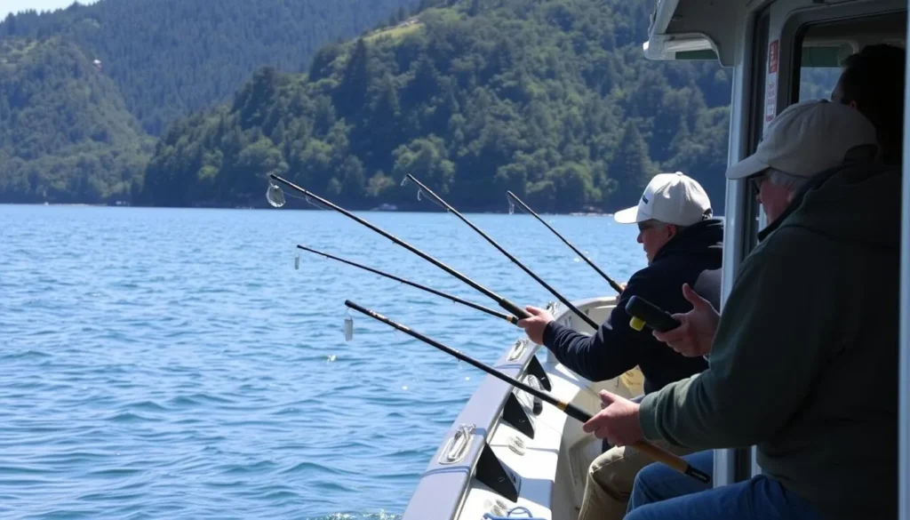 Fishing charter boat on Paterson Inlet with passengers catching blue cod Fishing charter boat on Paterson Inlet with passengers catching blue cod