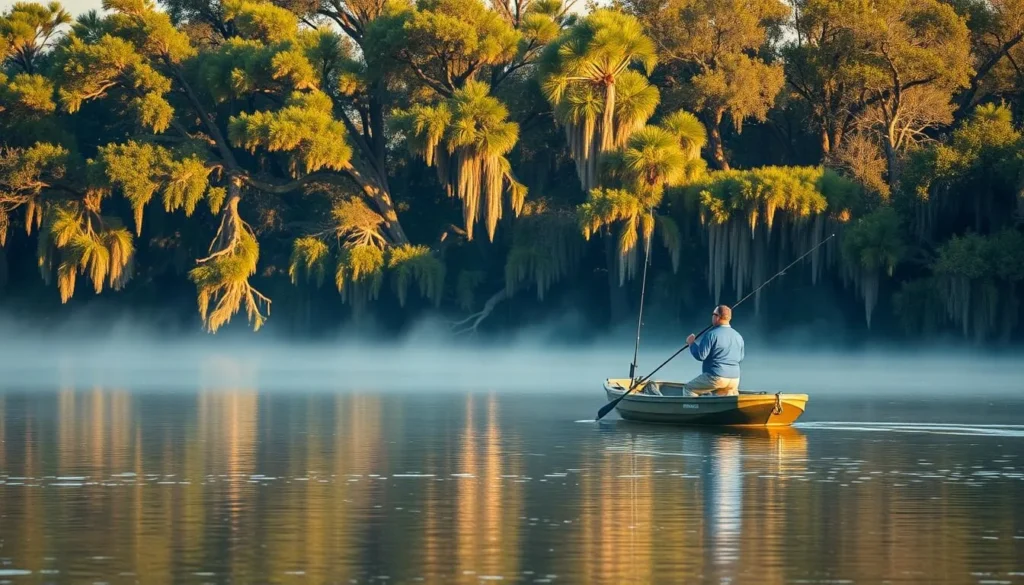 Fishing on an oxbow lake near Clarksdale Mississippi with cypress trees