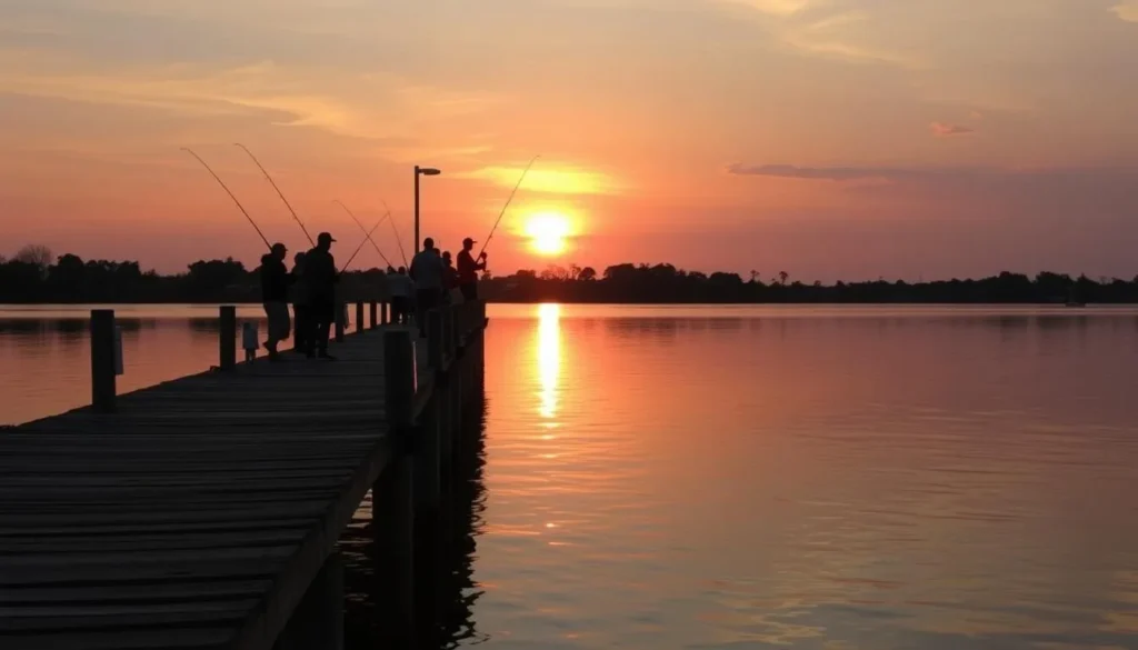 Fishing pier at Lake Ray Hubbard with anglers catching fish at sunset