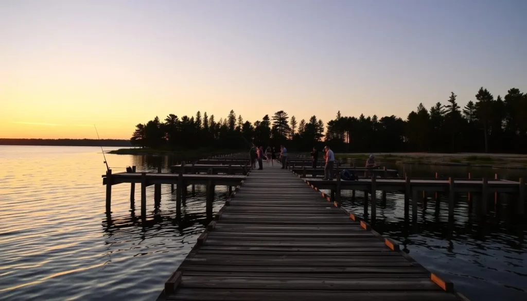 Fishing pier at Lake Talquin with anglers casting lines at sunset Fishing pier at Lake Talquin with anglers casting lines at sunset